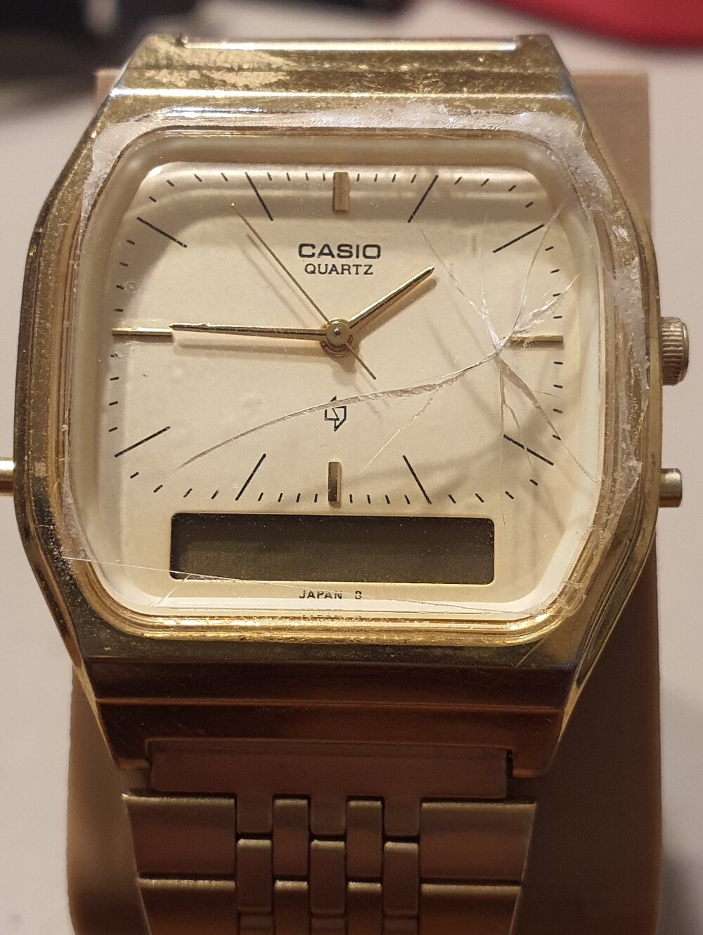 Vtg Casio AQ-340G Goldtone Analog/Digital Alarm Chrono Men's Watch For Repair